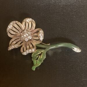 Nolan Miller Brooch Vintage Mauve Color Flower, Crystals and Green Stem Enamel